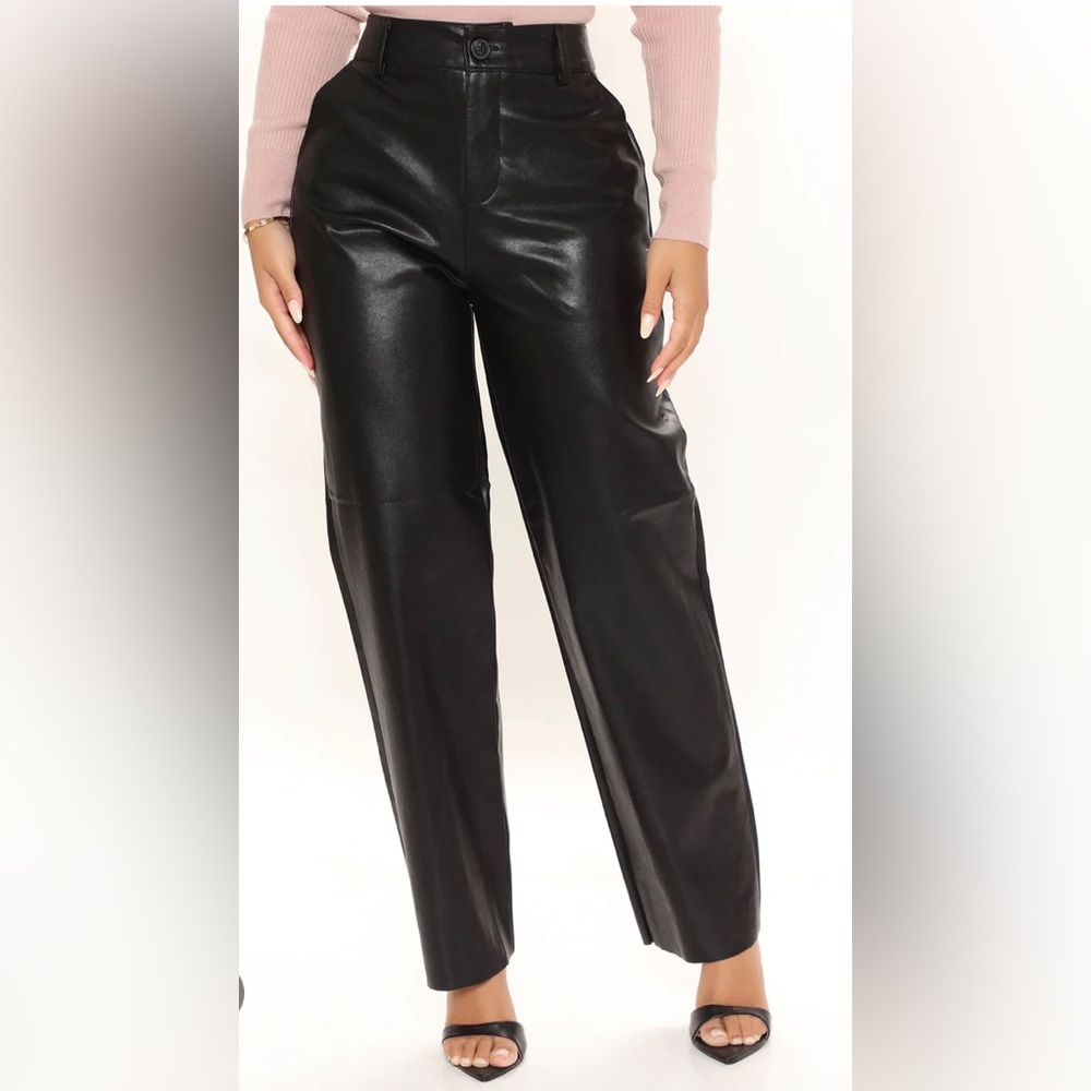 Black Straight Leg Faux Leather Pants